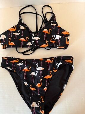 Cupshe Black Flamingo Print Girls Two-Piece Swim Set